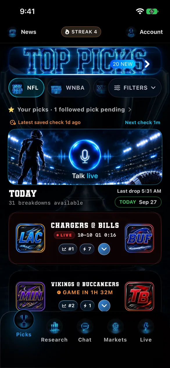 DeepChamp home screen with sport filters, a Talk live voice entry, and today's game breakdowns.