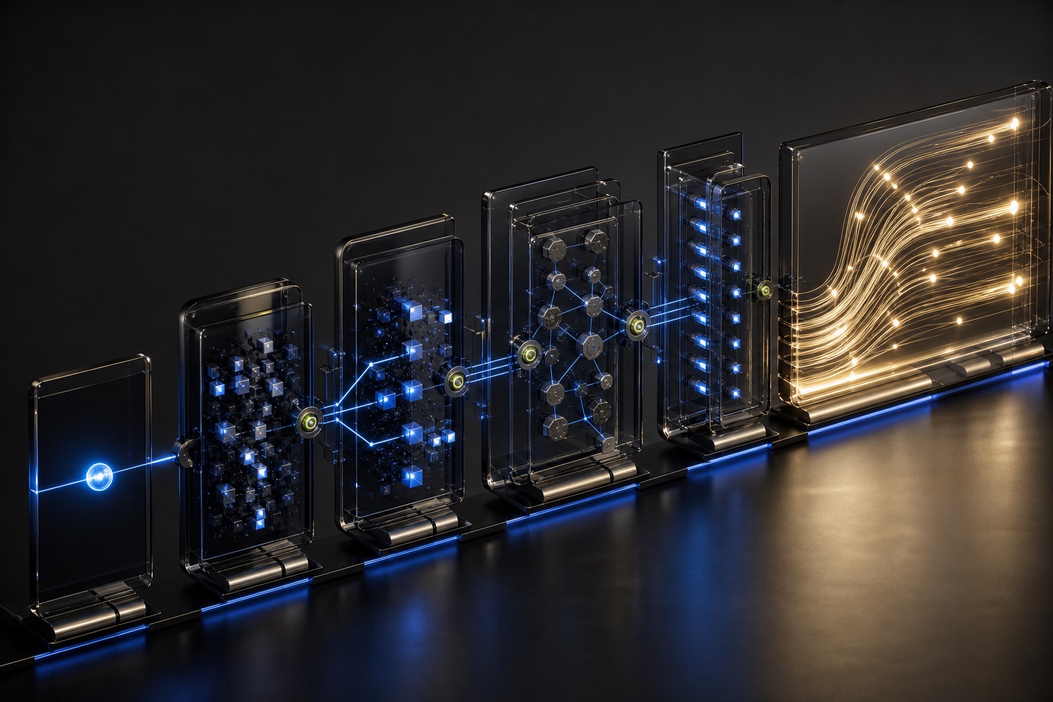 A dark glass product system moving from a single signal through orchestration to a field of outcomes
