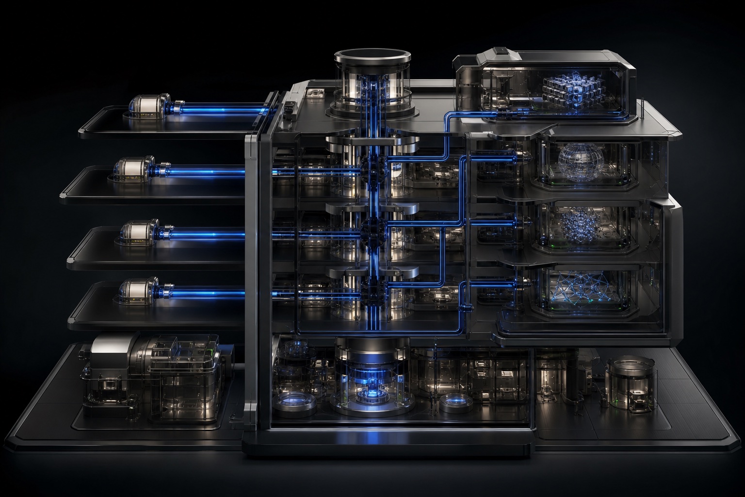 A precision-engineered production AI platform with layered services and cobalt connections