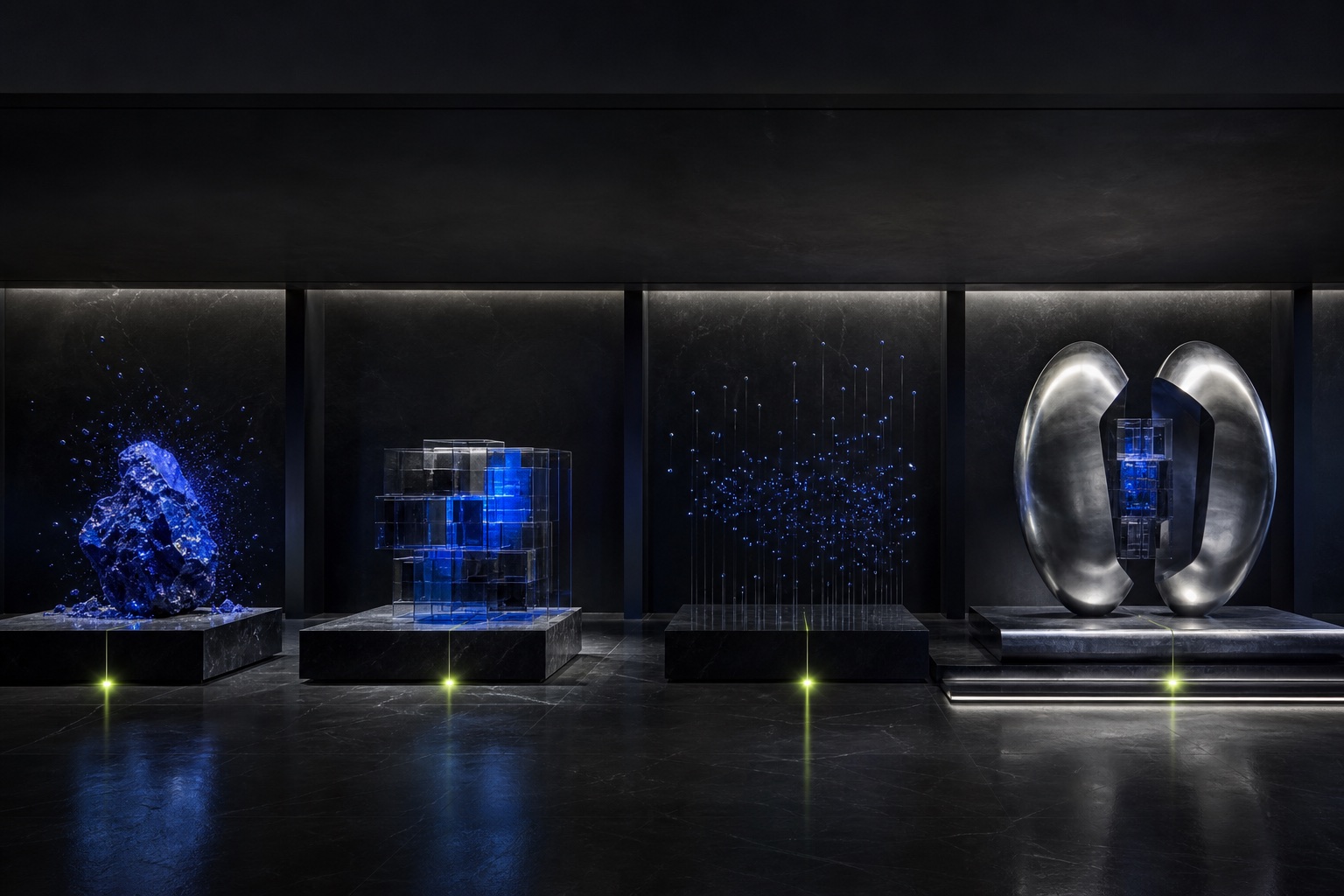 Four sculptural stages representing an AI venture moving from concept through strategic acquisition